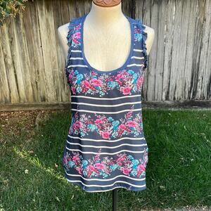 LC Lauren Conrad Sleeveless Top Blouse Floral Ruffle Blue Tank Women's Small